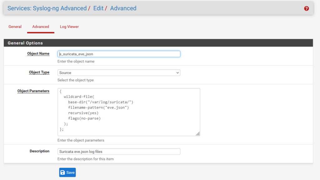 Editing a config of syslog-ng in PFsense, showing an object of type "Source" with the title s_suricata_eve_json