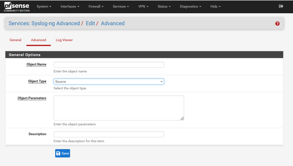 Editing a config of syslog-ng in PFsense. There are blank fields labelled "Object Name", "Object Parameters" and "Description"; and a dropdown "Object Type" selected on "Source"