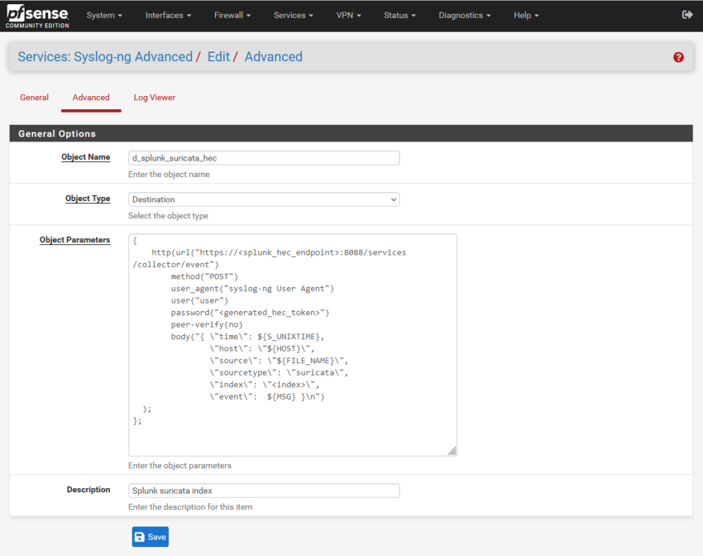 PFSense screenshot showing editing of a syslog-ng config set up to send to Splunk HEC