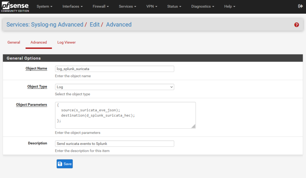 PFSense admin page showing a syslog-ng log stanza being configured